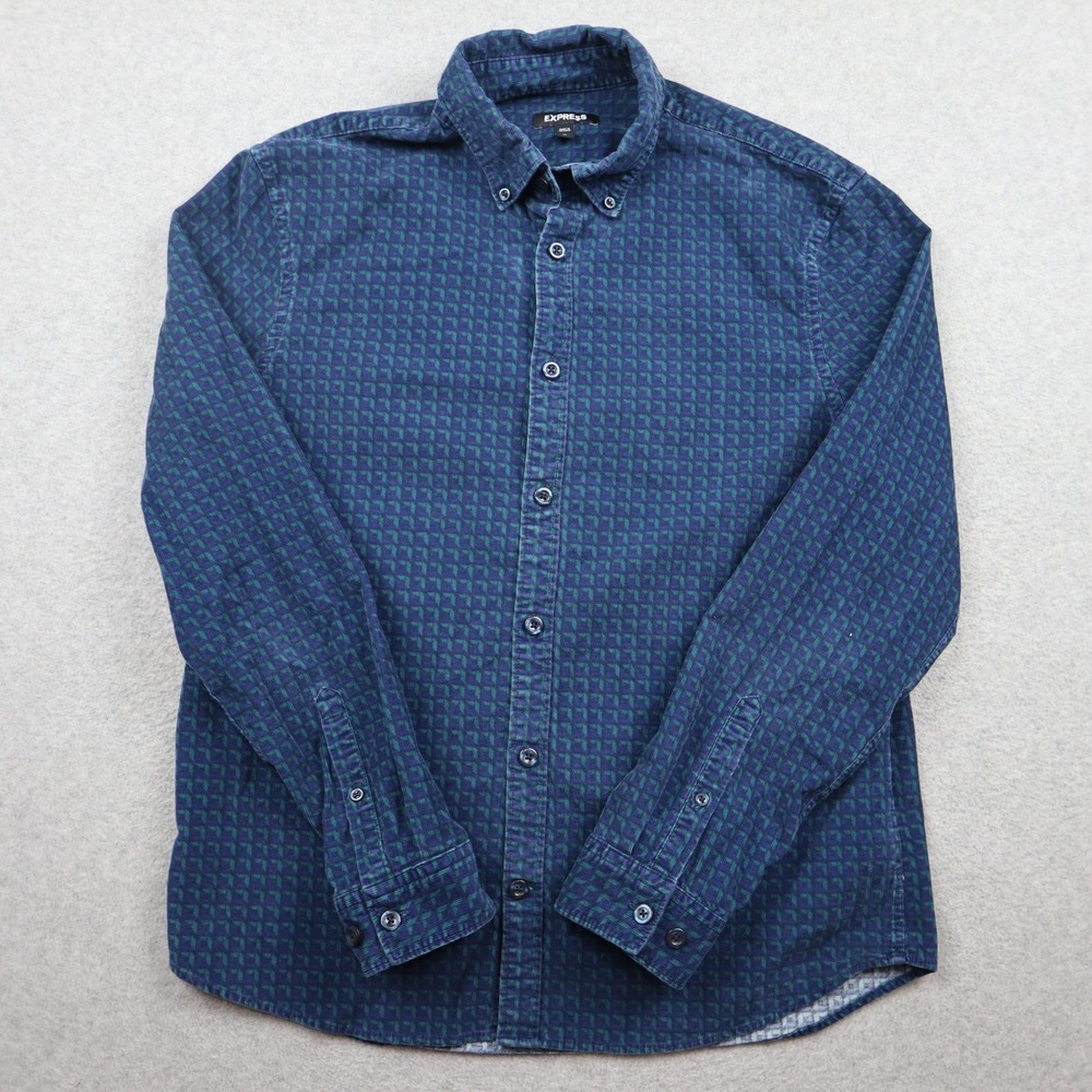 Express Button-Down Shirt Mens Medium Slim Corduroy Blue Geometric Long Sleeve